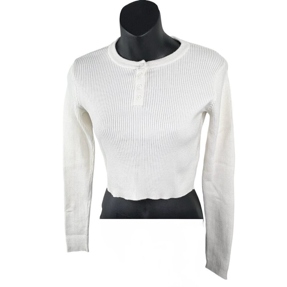 Brandy Melville Y2K Cropped Henley Style 1/4 Button Ribbed Top Ivory Women’s S